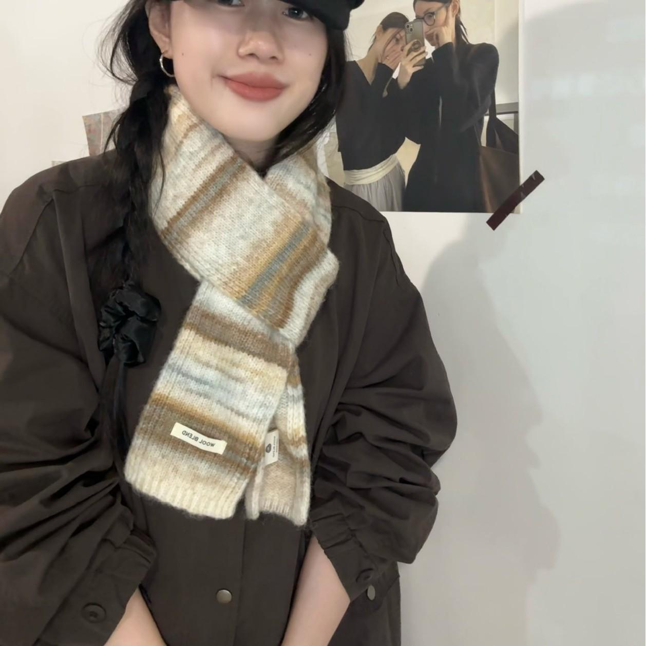 

New Autumn and Winter Rainbow Striped Wool Blended Scarf Women s Niche Slender Knitted Contrast Gradient Versatile Trendy Scarf