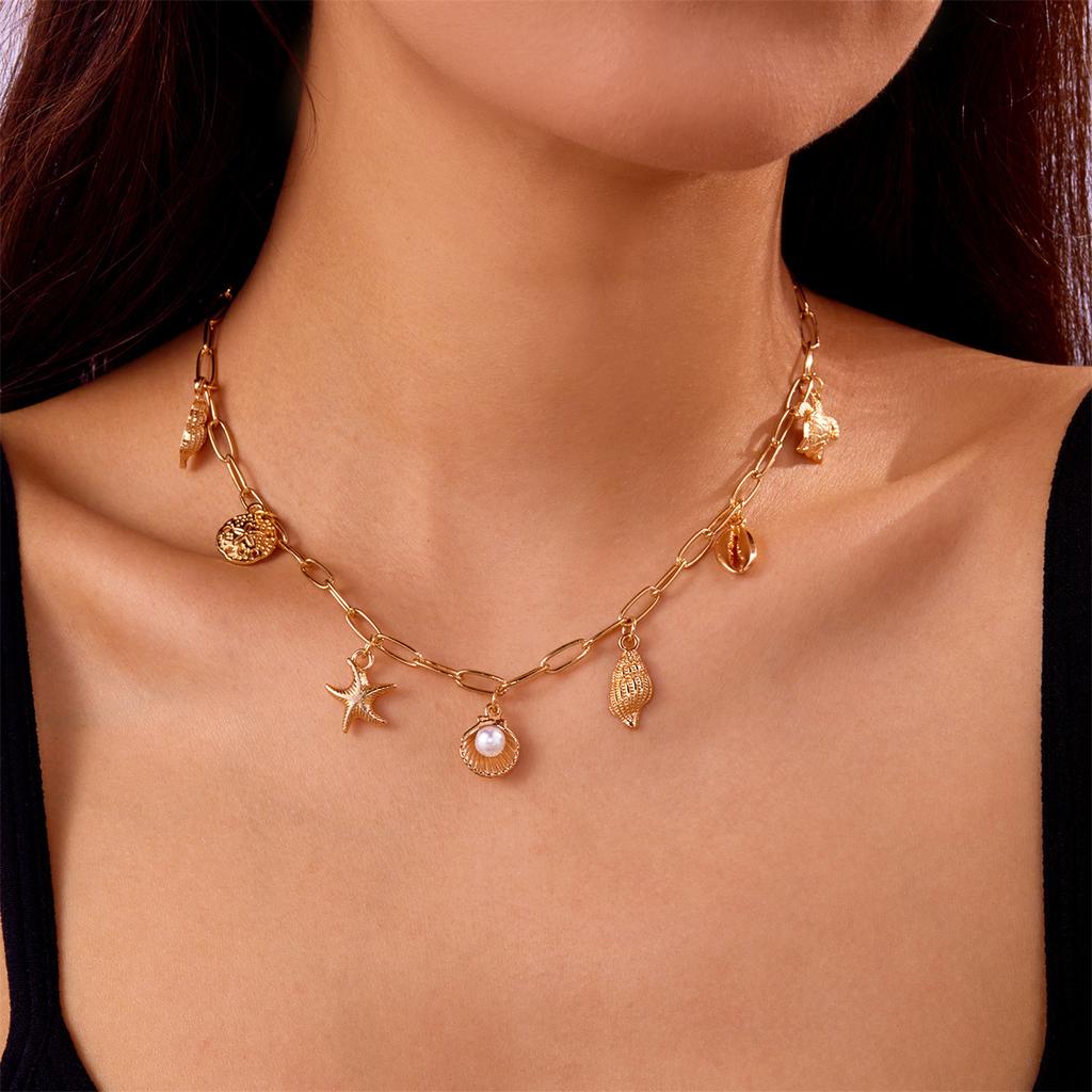 Women's Beach Pendant Necklace Fashion   Pendant Gold Chain Necklace Beach Jewelry Ocean   Conch Pendant Necklace Women