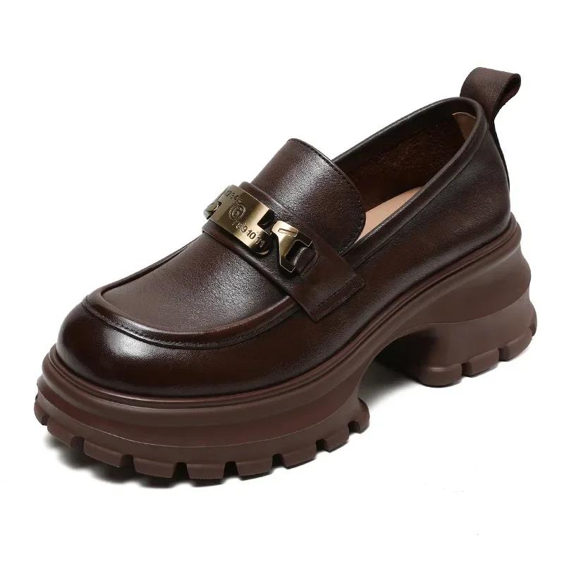 

6CM Genuine Cow Leather Loafers Women 2025 Autumn New Design Pumps Round Toe Metal Thick High Heel Chunky Platform Shoes 35