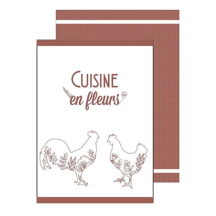 Torchons - Lot De 2 - 50 X 70 Cm - Coton 100% - Motif Coqs Et Fleurs Terracotta