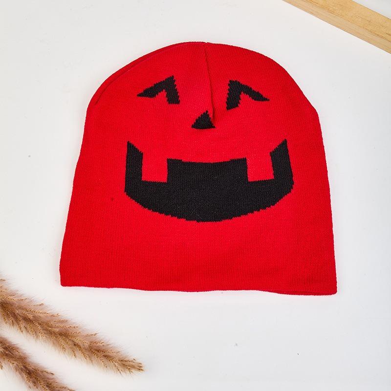 Devil Smiley Face Halloween Knit Hat with Ear Protection and Pumpkin Embroidery