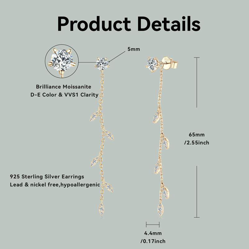 Wedding Jewelry Korean Real Moissanite Long Drop Stud Earrings Silver 925 Leaf-Shape Dangle Earrings Jewelry for Woman