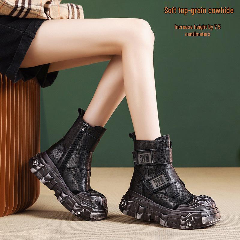 

Genuine Leather Women s Lightweight British Style Platform Ankle Boots, Comfortable Retro Autumn Winter Petite Martin Design 36