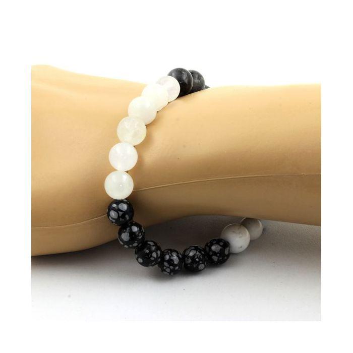 Stones and Minerals. Snowflake Obsidian + Howlite + Labradorite Bead Bracelet + Made In France.