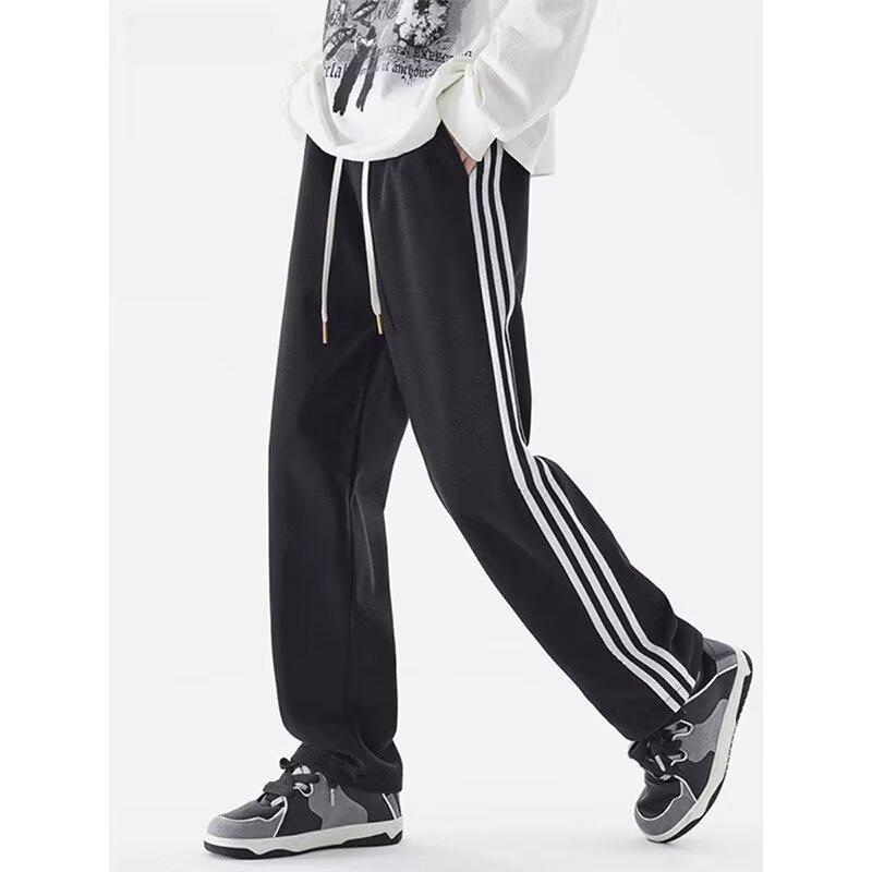 Striped Pants Men's Autumn and Winter Velvet Teen Loose Straight Pants Boys Casual Trousers Sweatpants