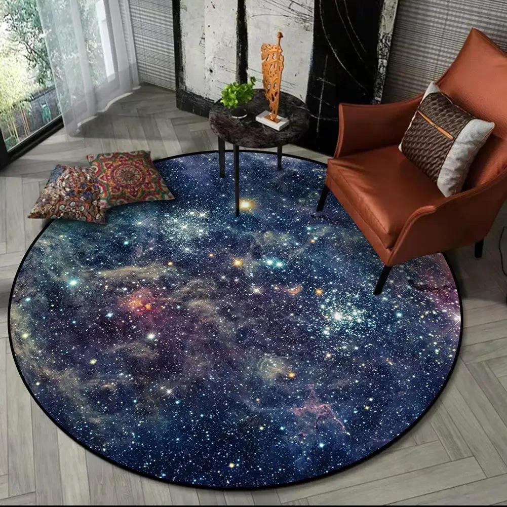 Crystal Velvet Galaxy Round Rug, Space Nebula Starry Print Non Slip Floor Mat for Bedroom, Playroom, Kids Room, Home Decor