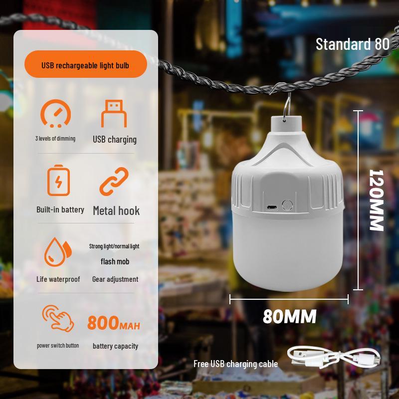 LED Emergency Light Bulb - Outdoor USB Rechargeable for Camping, Street Stalls, and Night Markets