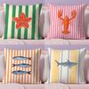 Ocean Life Theme Striped Cushion Cover Soft Short Plush Double-Sided Printing Home Decor Machine Washable Pillow Case Gift