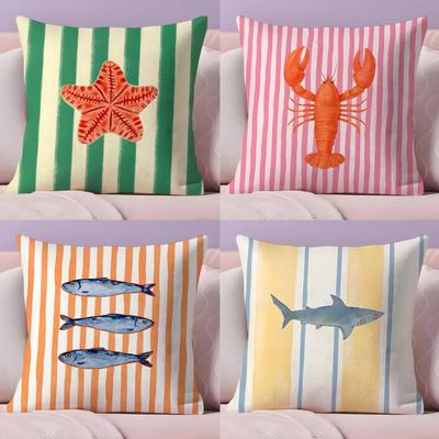Ocean Life Theme Striped Cushion Cover Soft Short Plush Double-Sided Printing Home Decor Machine Washable Pillow Case Gift