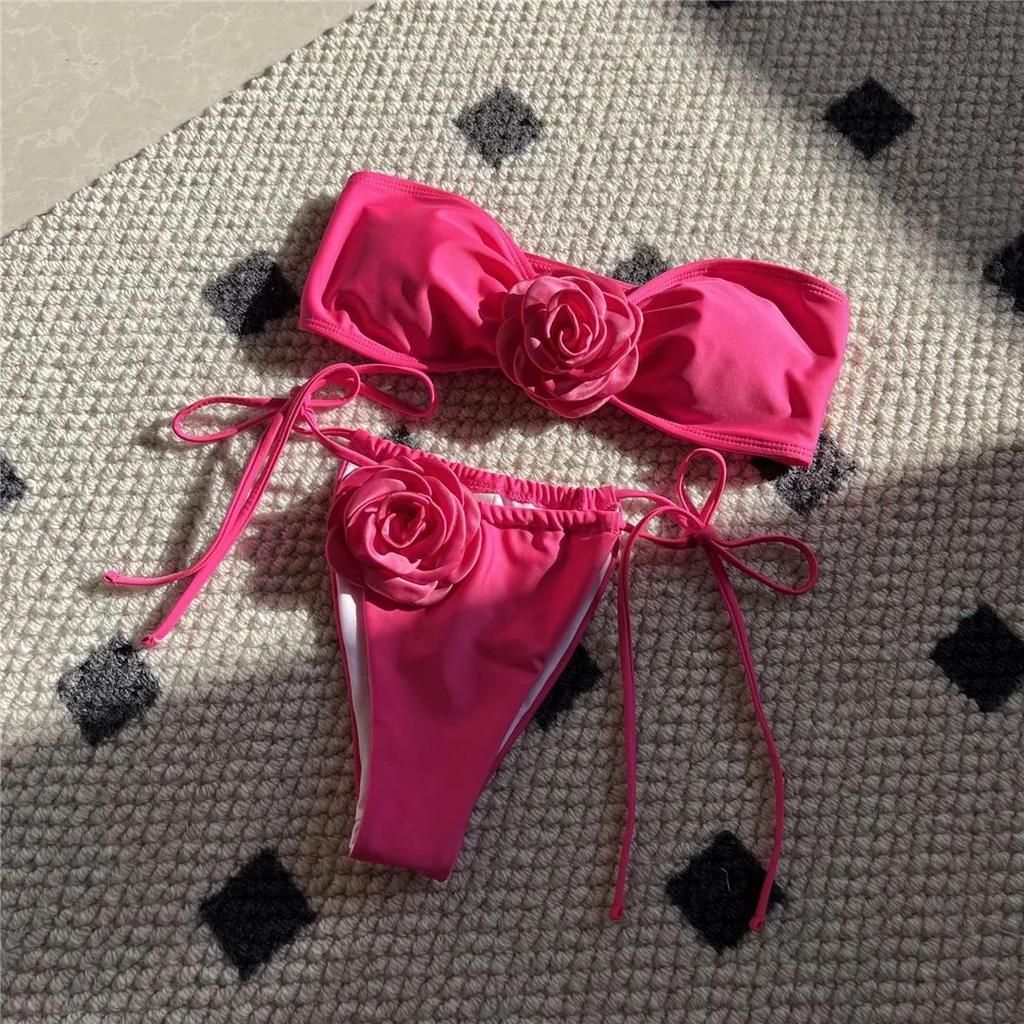14 Colori Fiori 3D Bandeau Bikini a Taglio Alto Costume da Bagno Femminile Costume da Bagno Donna Set Bikini Due Pezzi Costumino da Bagno Swim