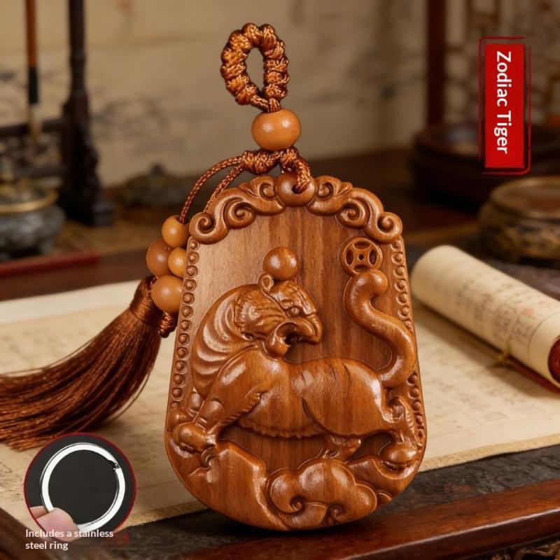 Natural Peach Wood Chinese Zodiac Keychain Hand Carved Lucky Blessing For Daily Use Gift For Friends Family
