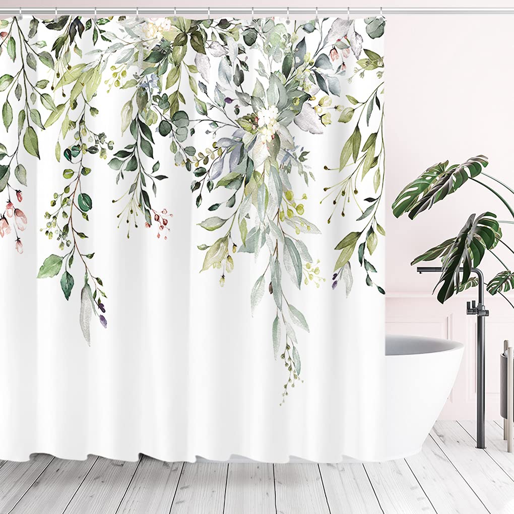 Tropical Green Leaves Plant On White Background Odorless Shower Curtains for Bathroom Showers and Bathtubs Decor with Hooks