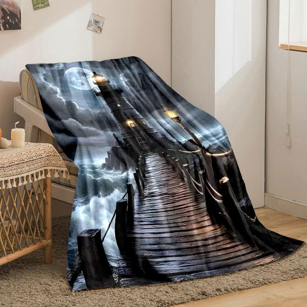 A Lighthouse Illuminates a Wooden Pier Over Rough Seas Under a Full Moon. for All Seasons Blanket Lunch Break Throw Gift