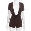 D25RP581 Solid Color Slim Fit Sexy Deep V Drape Neck Short Sleeve Jumpsuit Shorts