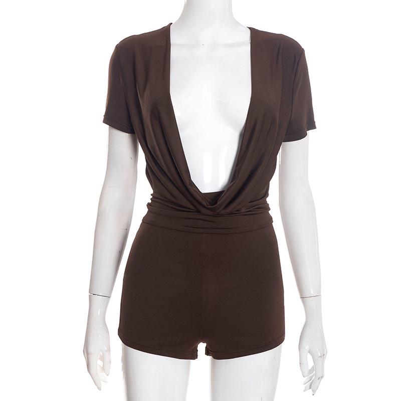 D25RP581 Solid Color Slim Fit Sexy Deep V Drape Neck Short Sleeve Jumpsuit Shorts