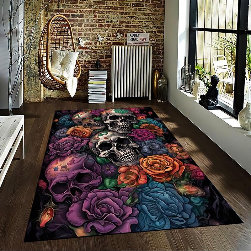 Floral Skull Art Carpet suitable as a non-slip mat for the living room or bedroom sofa
