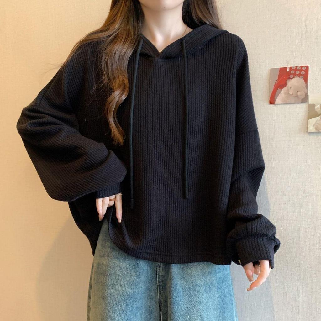 Women's Plus Size Ribbed Hooded Long Sleeve T-shirt - Autumn Loose Fit, Slimming, Stylish Top