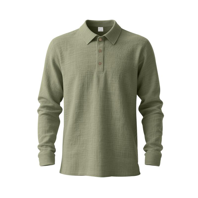 Spring Loose-Fit Solid-Colour Collared Casual Business Men's Long-Sleeved Linen Polo Shirt