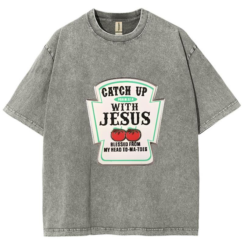 Jesus Letter Print Women's Wash T-Shirt Oversized Loose Unisex Half Sleeve American Retro Minimalist Top