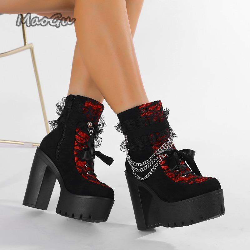 Fashion Gothic Vintage Chunky Heel Thick Bottom Short Boots Women Lace Chain 13CM High Heels Punk Ankle Boots for Women Botas Mujer