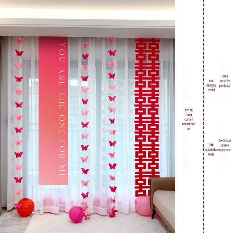 3D Butterfly Wedding Room Decoration Set: Double Happiness Curtains and Pull Flower Ornaments