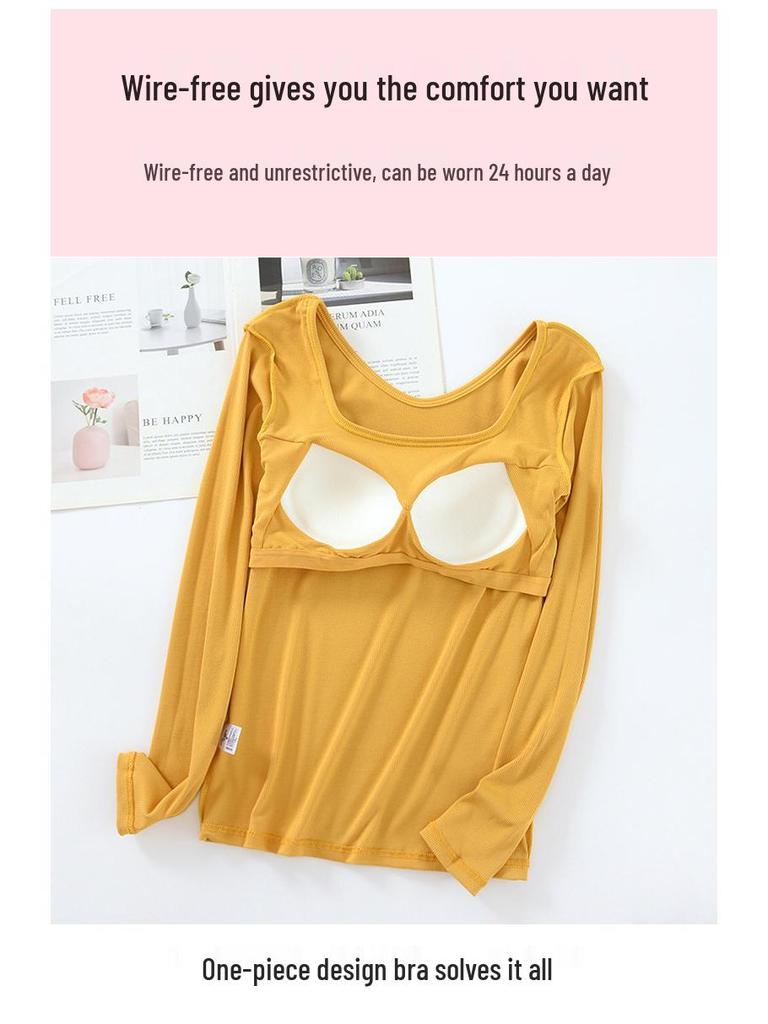 Women's Square Neck Long Sleeve Top with Built-in Bra Pads - Slim Fit for Early Autumn/Spring/Winter