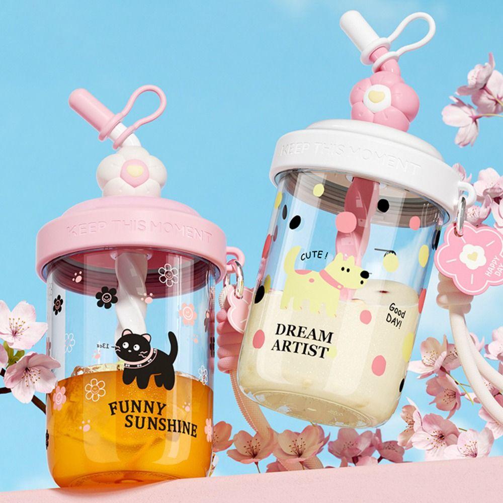 580ML Drinking Cup With Straw Stirring Cup Kawaii Whey Protein Shaker Bottle  Fruit Juice