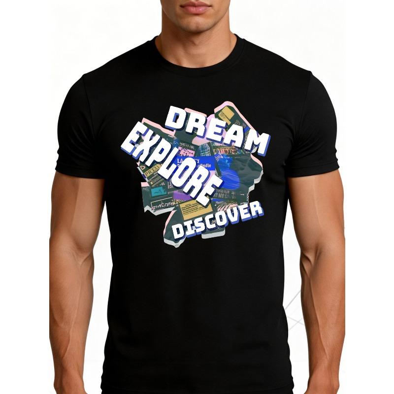 

Men S T-Shirt - Breathable Soft Lightweight - Dream Explore Discover - Retro Funny Graphic Casual Short Sleeve Summer Top, Gift for Him S чёрный