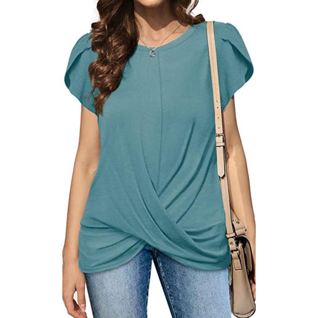 Women's Solid Color Twist Knot Crew Neck Short Sleeve T-Shirt, Popular Casual Top for European American Women Crossborder Fashion