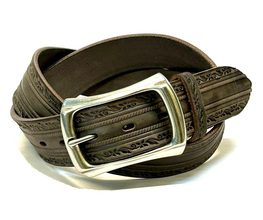 (Tochigi Leather) Tochigi Leather Belt for Men, Genuine Leather, Cowhide, Vegetable-Tanned Leather, Floral Pattern, Made with Tochigi Leather Co.,