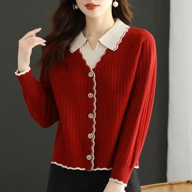 Pull pour femme Automne/Hiver Mode Pull de base court tricoté Col POLO Pull rouge
