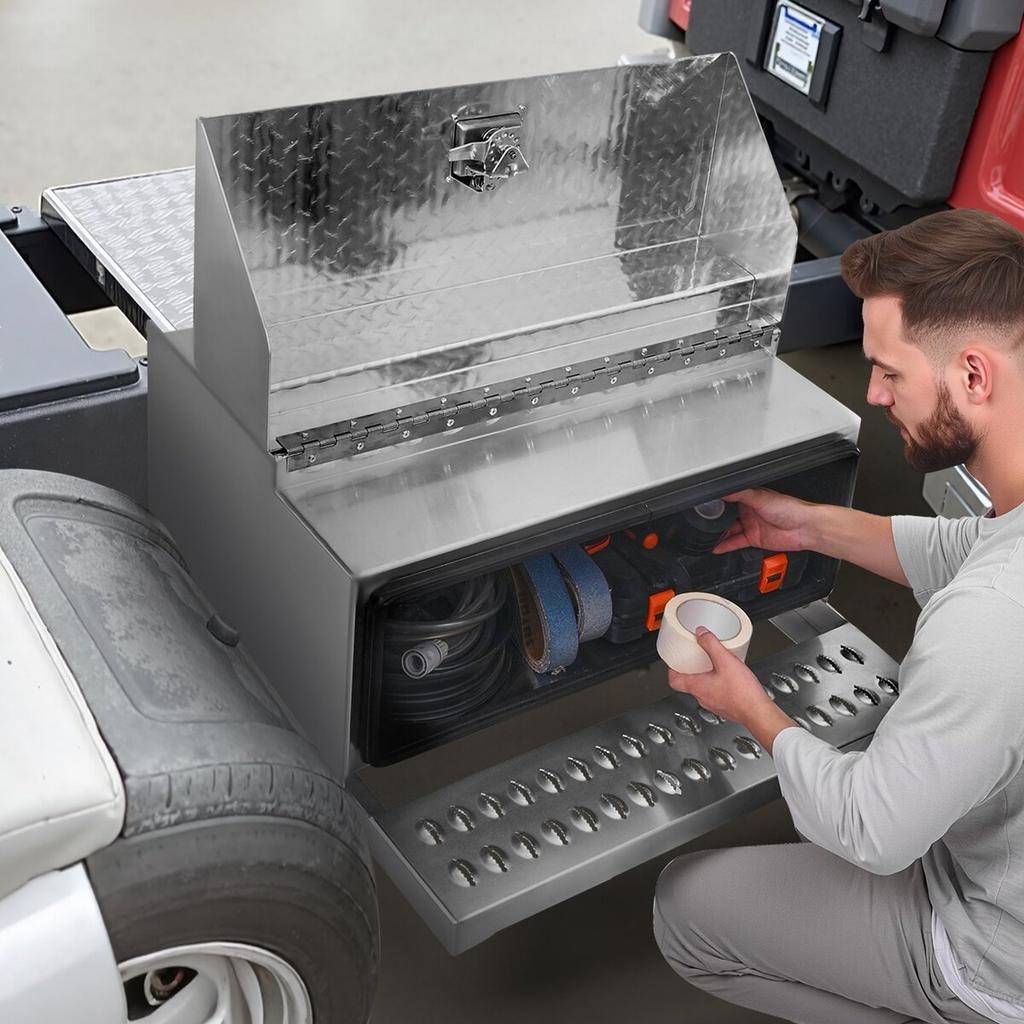 Stufenwerkzeugkasten für Sattelzug, 760 x 750 x 400 mm Robuster Aluminium-Riffelblech-Werkzeugkasten, Wasserdichte Einstiegsstufen-Aufbewahrungsbox für die Kabine mit T-Griff-Schloss &