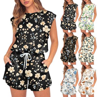 Women's Jumpsuit Floral Print Spring Summer Cap Sleeves Adjustable Drawstring Waist Comfortable Casual Short Jumpsuit With Pockets