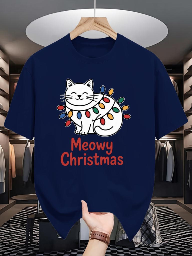 Unisex Crew Neck Tee Xmas Cat Meowy Color Lights Graphic Print Soft Cotton Loose Short Sleeve Summer Casual Male Streetwear Tops