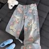 JYL Women's Straight Jeans Floral Printed Summer Niche Ripped Slim High-Waist Denim