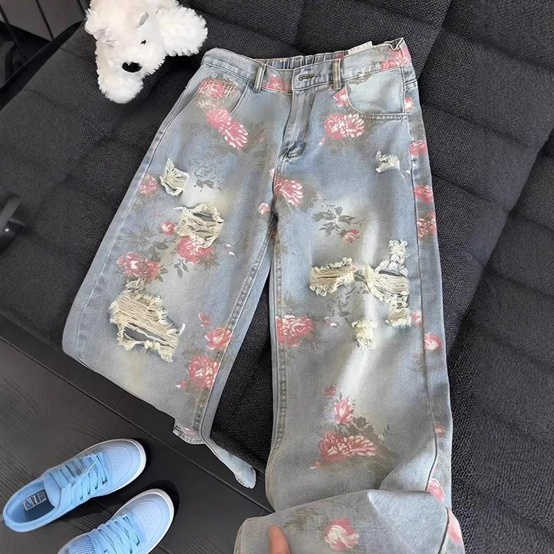 JYL Women's Straight Jeans Floral Printed Summer Niche Ripped Slim High-Waist Denim