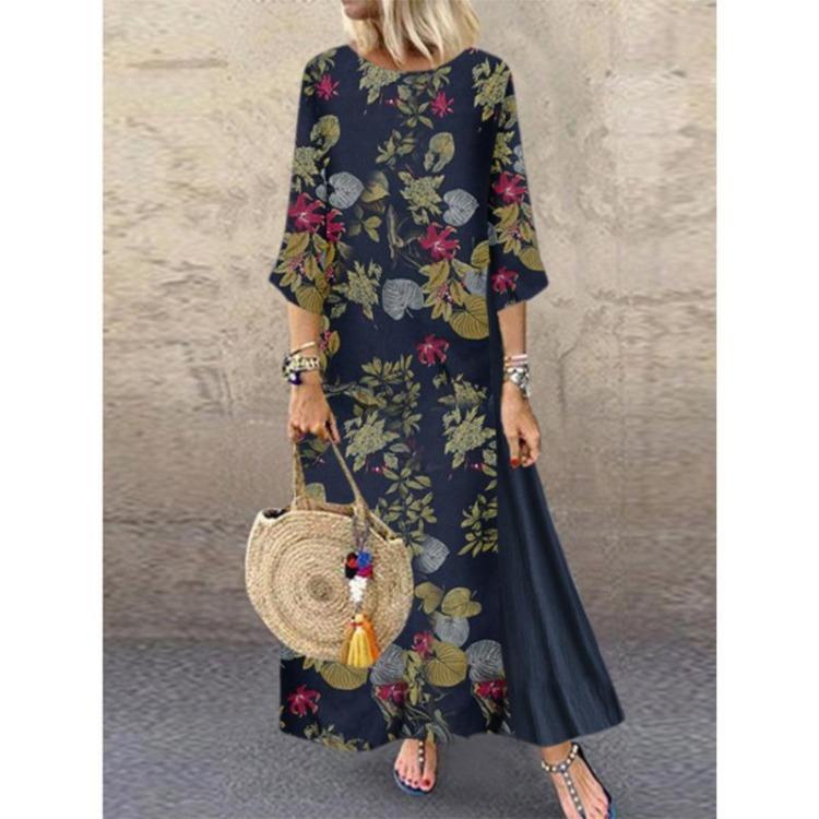 Women Autumn Winter Retro Floral Long Sleeve Swing Dress Round Neck Stitching Large