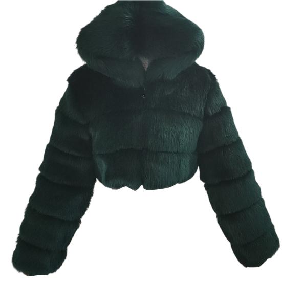 Casaco de pele sintética com capuz e zíper feminino cor sólida quente patchwork manga comprida casaco