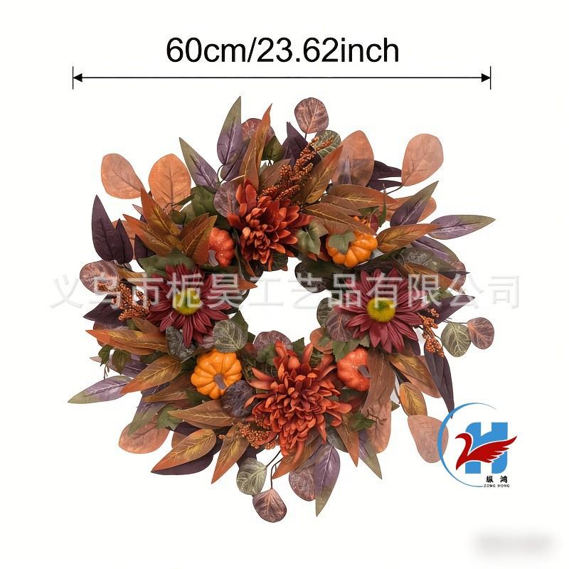 Harvest Wreath With Artificial Maple Leaves Thanksgiving Fall Decor Outdoor Hanging Ornament 60cm
