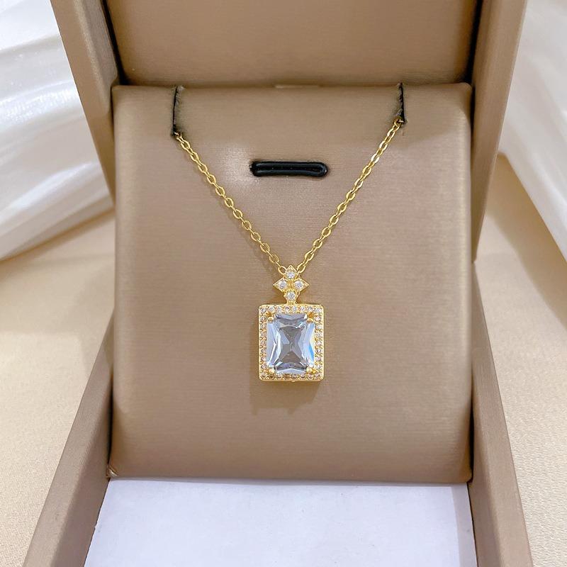 Geometric Luxury Crystal Zircon Pendant Necklace for Women Stainless Steel Chain Bling Wedding Party Jewelry Accessories Gifts