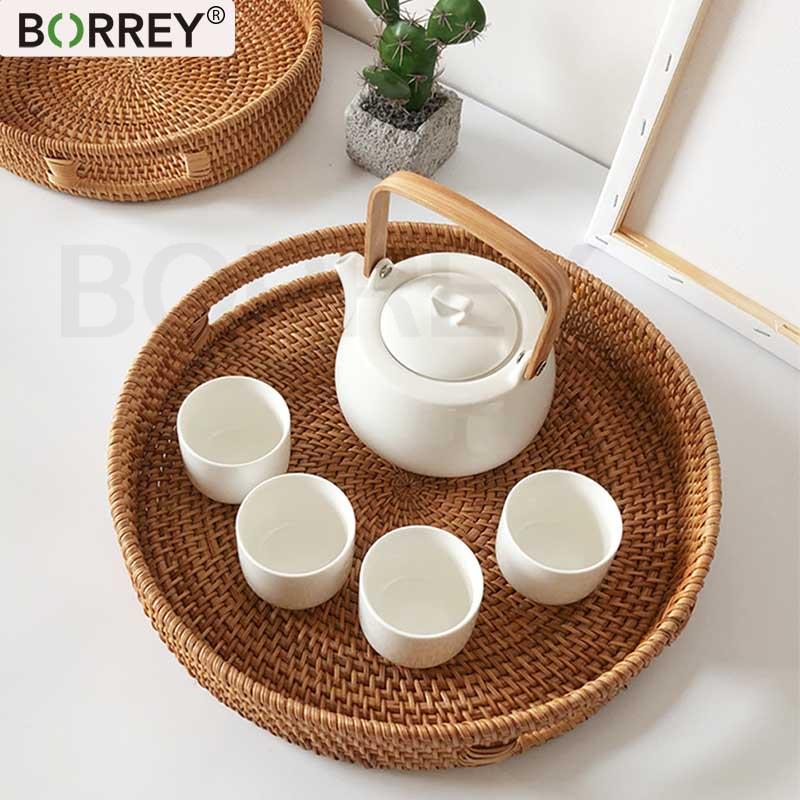 

BORREY корзина ручной работы, поднос для чая, поделки из ротанга, тарелка для закусок для хлеба с ручкой, круглые тканые украшения, поднос для еды для ресторана, отеля
