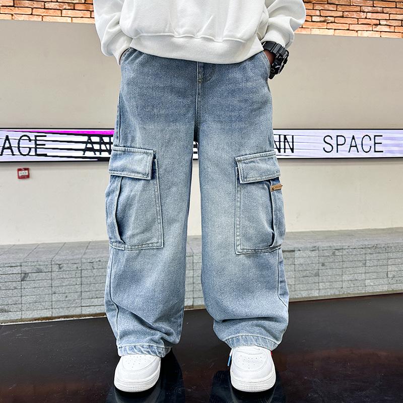 School Boys Casual Cargo Jeans With Pocket Preppy Loose Style Teenage Child Denim Pants High Fashion Kids Jeans Trousers 5-14 Y