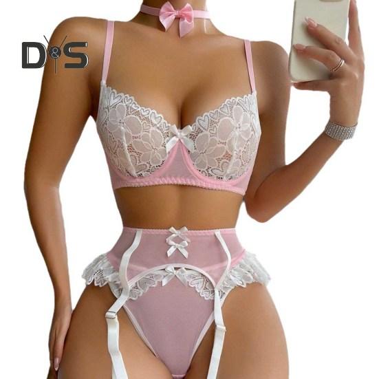 4 ks/sada Dámské spodní prádlo Set obsahuje punčochy a mašličkový límec Push-up podprsenka Nastavitelný popruh Vysoký pas Podvazkový krajkový set kalhotek Sada výšivek pro hotely