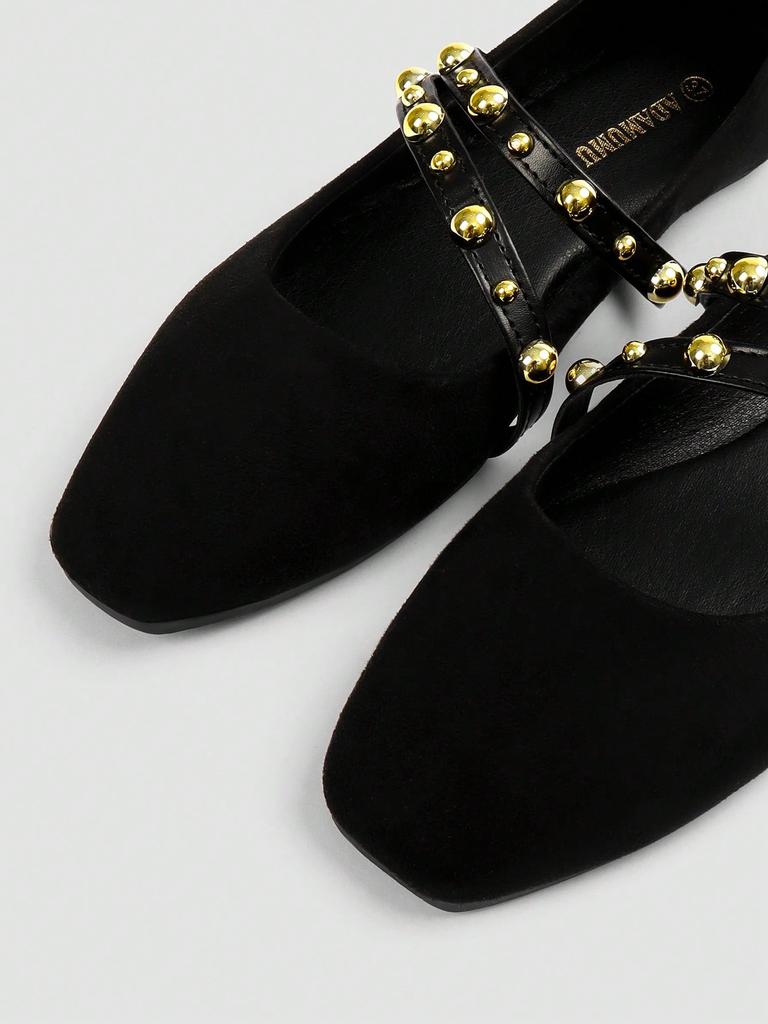 Women's Fashion Square Toe Mary Jane Shoes, Double Buckle Velcro Strap, Lightweight Bead Decoration, Comfortable