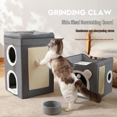 Casa para gatos plegable de sisal con doble puerta y rascador