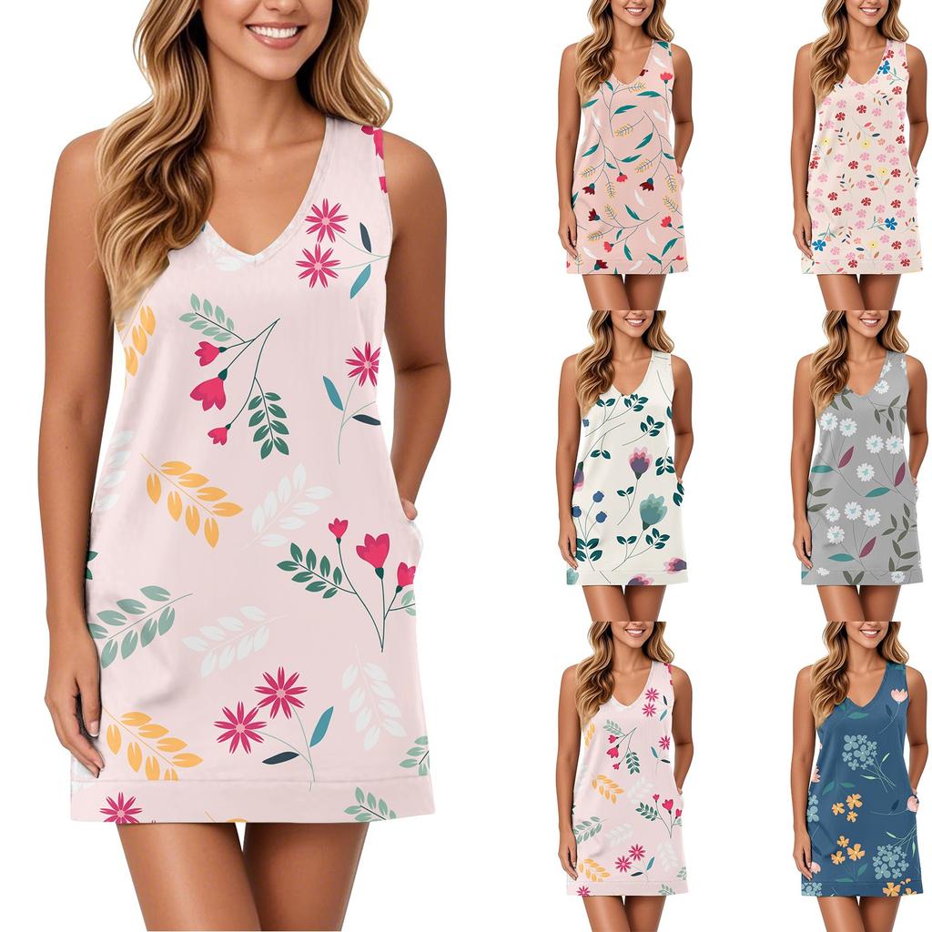 Weiches Tankkleid mit V-Ausschnitt für Damen, ärmelloses Sommerkleid, lässiges, entspanntes Sommerkleid mit Tasche
