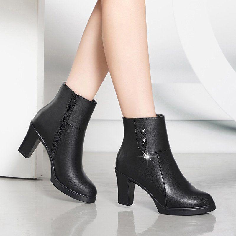 Women's 2025 Mid-Heel Black Ankle Boots, Winter Style with Plush Lining and Cotton Warmth