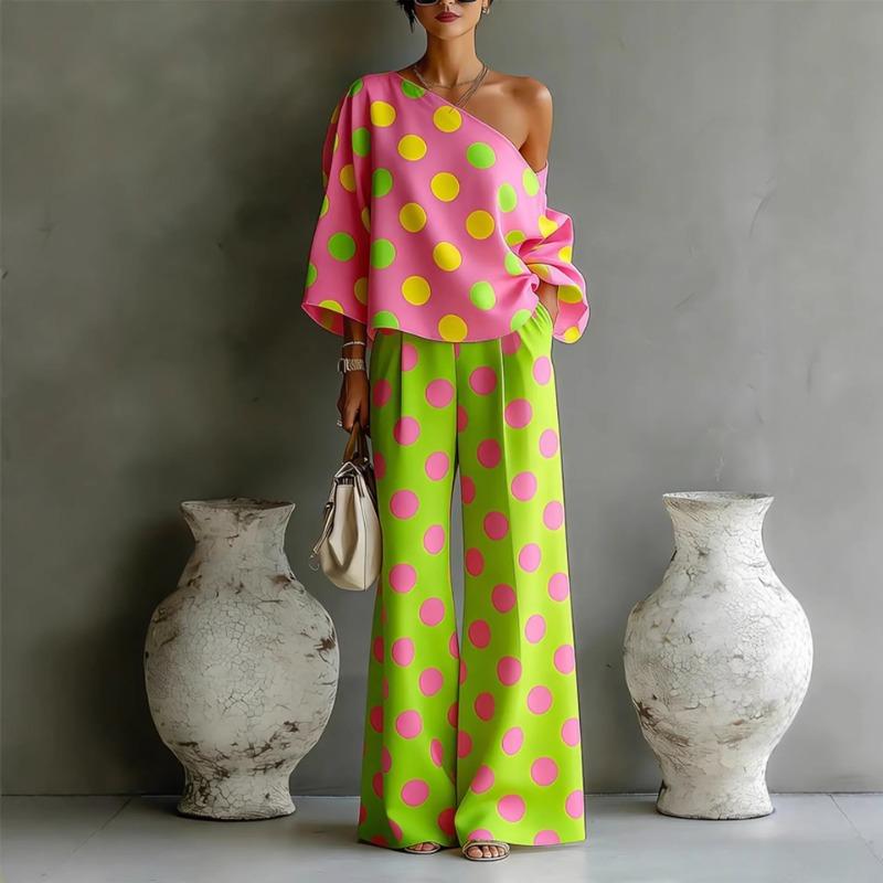 Buntes Polka-Dot Off-Shoulder Fließendes Zweiteiliges Hosen-Set für Damen