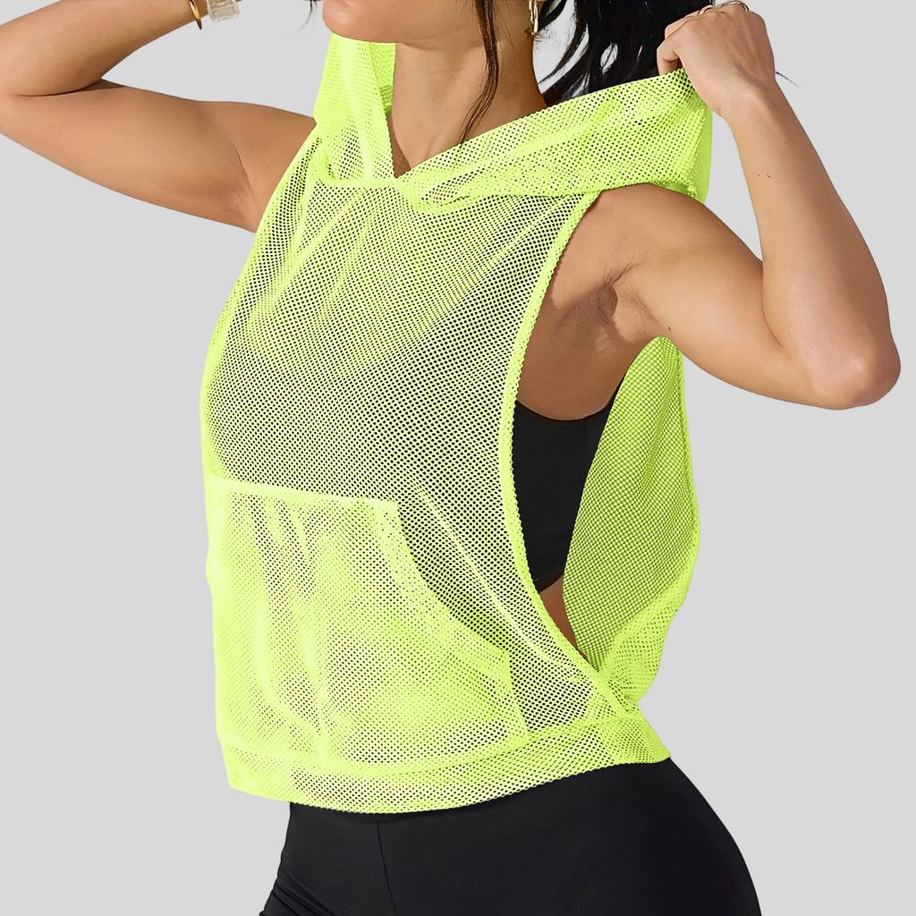 Women Loose Fit Pullover Mesh Hooded Tank Top Lightweight Breathable Fitness Vest Sleeveless Sport Shirt for Gym Yoga Running