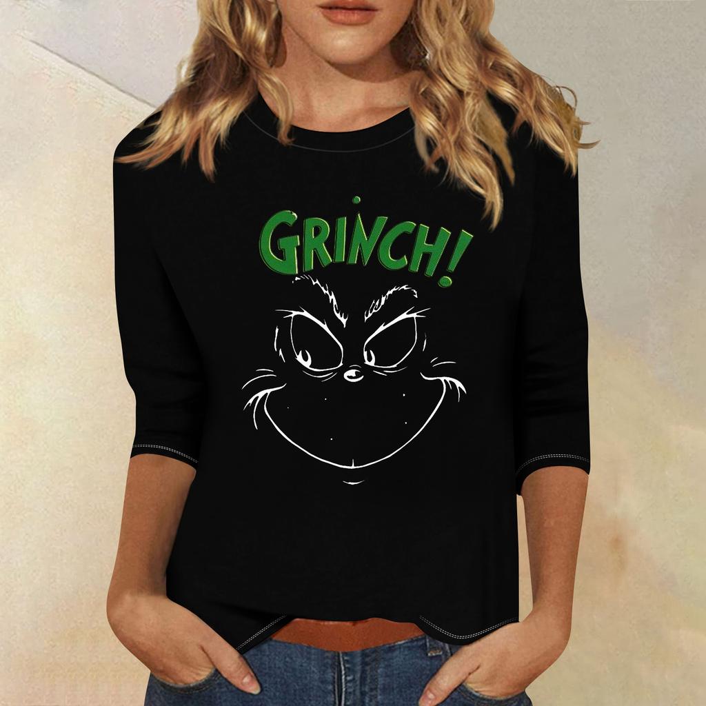 3/4 Sleeve Tops For Women T-Shirt Casual Christmas Print Tops T Shirt Round Neck Pullover Blouse